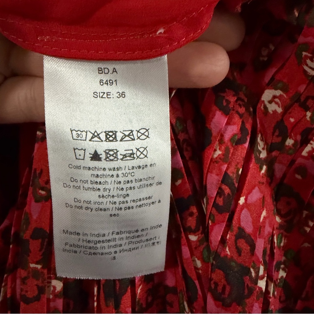 GANNI Pleated Raffled Georgette Flounce Strap, Red Floral Midi Dress Size 36 (S) - Picture 7 of 10